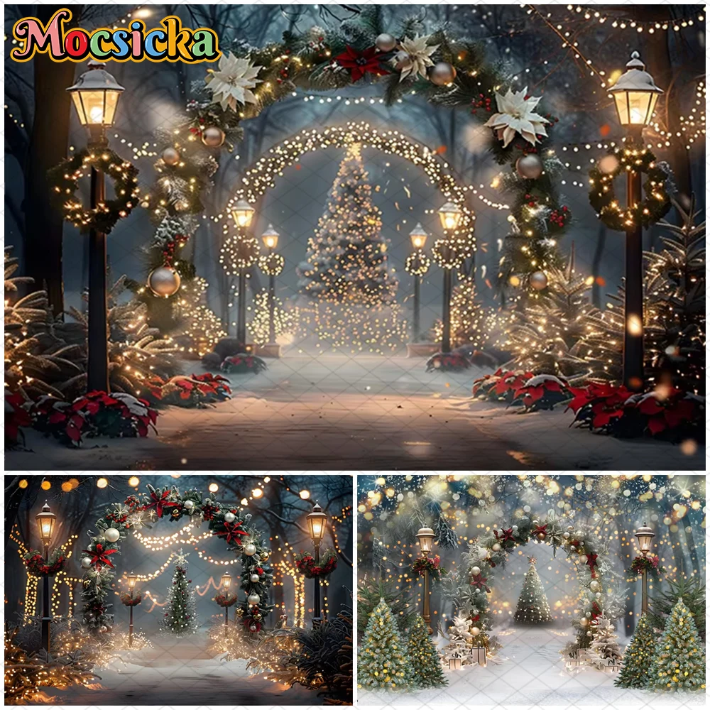 

Mocsicka Christmas Tree Photography Background Night Street Lamp Snow Decorations Kid Children Baby Photo Backdrop Studio Banner