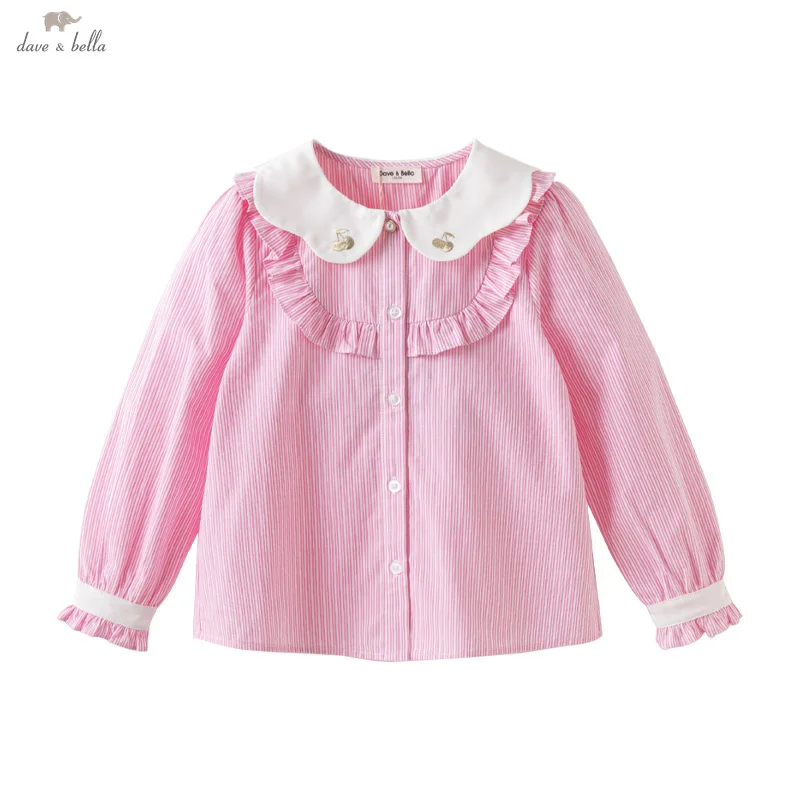 Dave Bella 2025 Spring Children's Shirt Fashion Casual Sweet Cute Girls Baby Cotton Pink White Striped Blouse Tops DK1250366