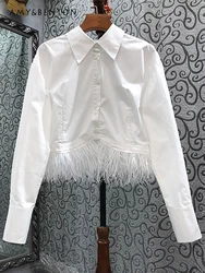 High-End Fashion Stitching Feather Short Blouse Women Spring and Autumn French Temperament Pure Color All-Matching Slim Camisas