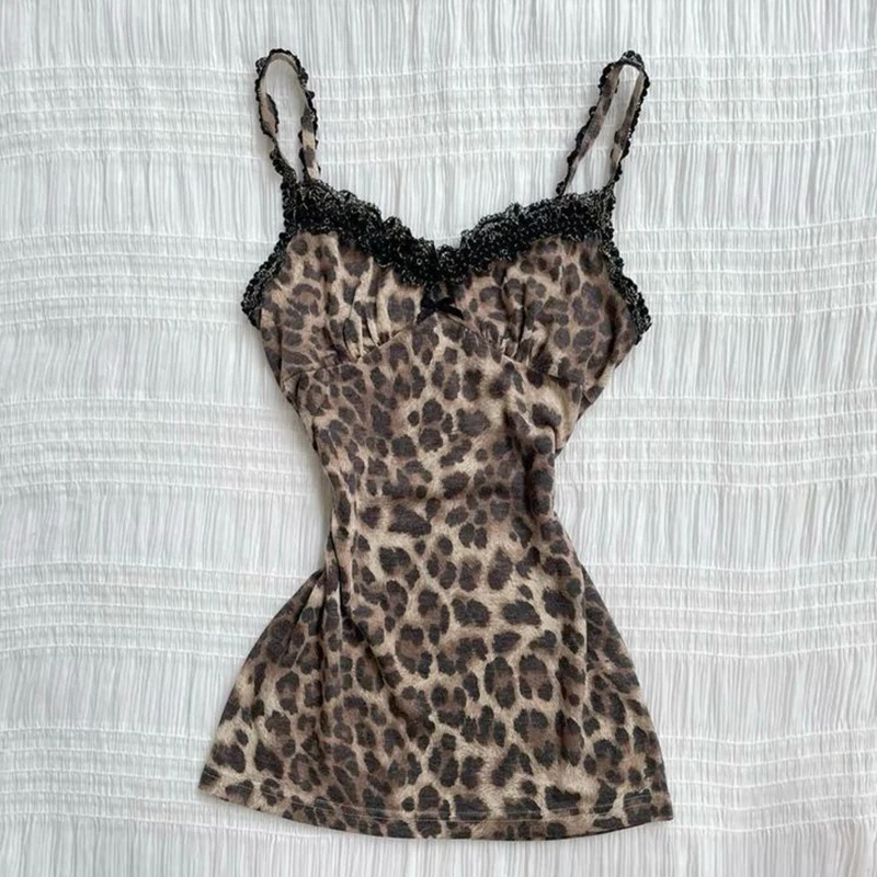 Millennium-Camisola de encaje con estampado de leopardo para mujer, Top informal ajustado, Top corto Sexy, ropa estética Grunge Punk Hip Hop Y2K