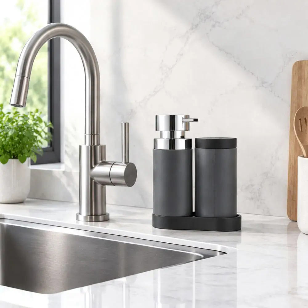 Resin Soap Dispenser Set With Tray Silicone Squeeze Bottle For Kitchen Sink Countertop Dish Soap Lotion Organization