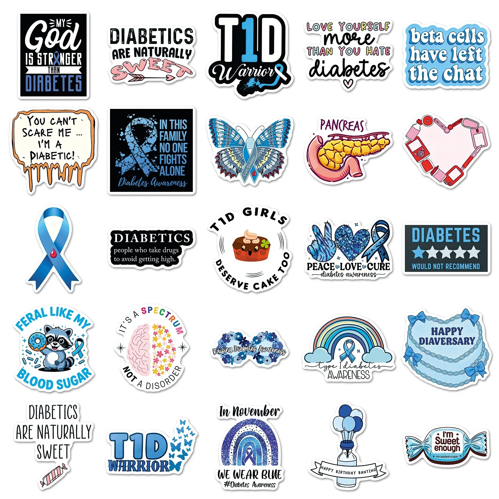 50 PCS Diabetes Awareness Positive Energy English Slogan Stickers Decorate Phone Case Fridge Helmet Bike Non Repeated Decals