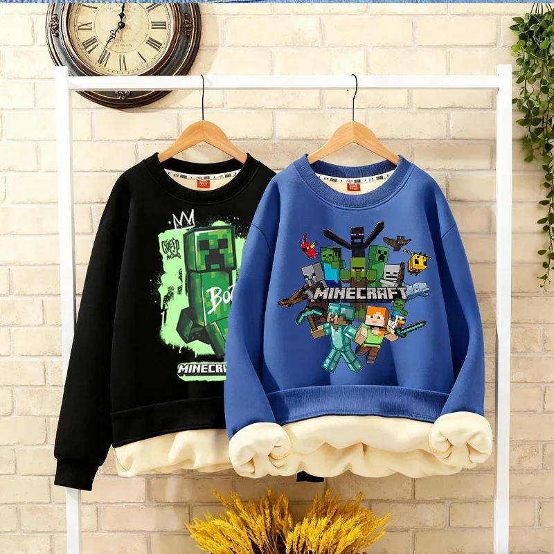 New Game Theme Casual Hoodie Minecrafted Round-neck Fleece Sweatshirt Winter Keep Warm Tops Cartoon Clothes Pullovers Xmas Gift