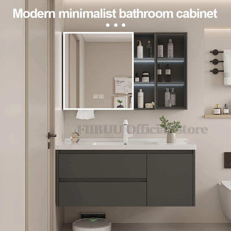 Mobiletto del bagno con lavabo in ceramica con specchio e lavabo mobile da bagno a parete mobile portaoggetti integrato