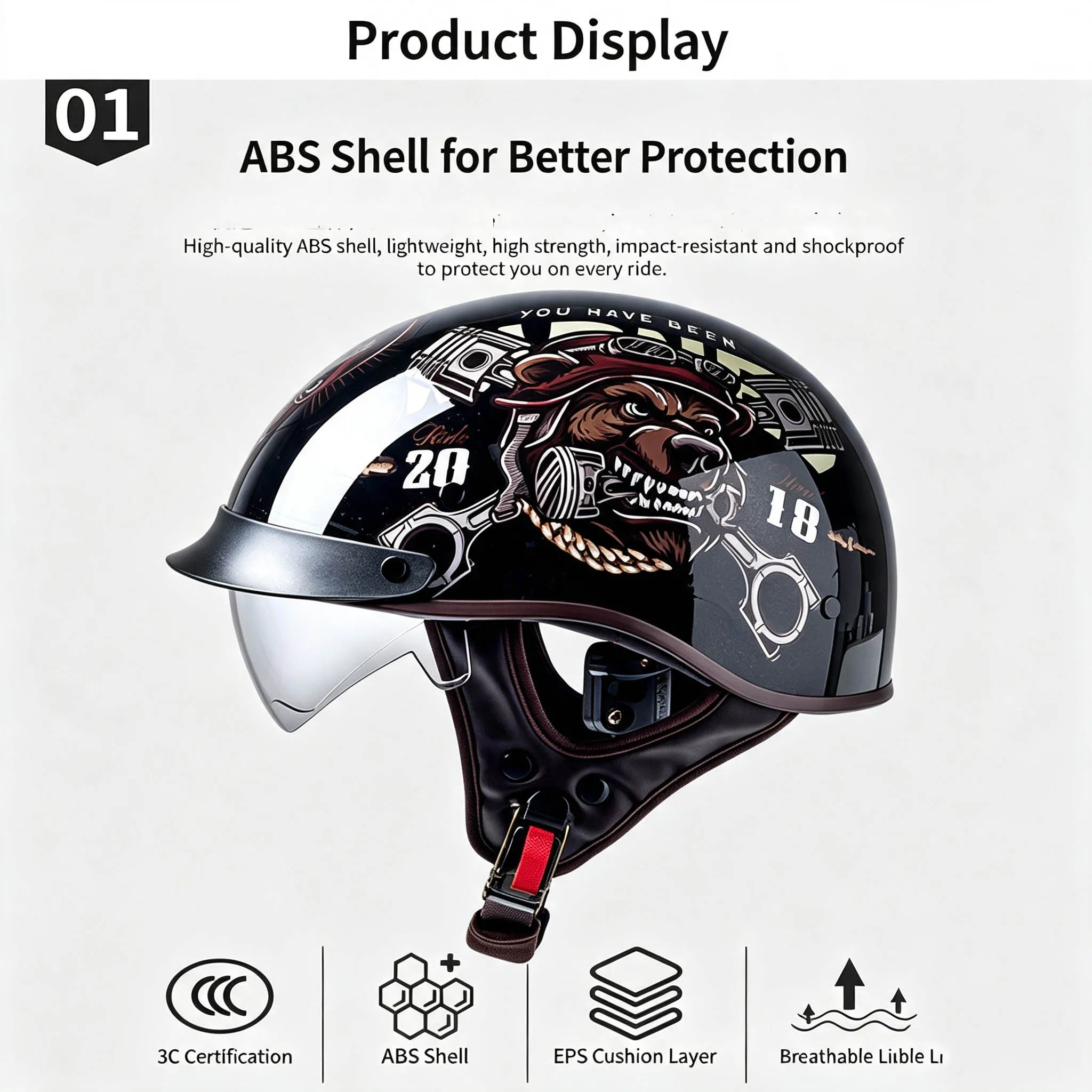 Motorcycle half-face helmet, suitable for all seasons, with transparent visor, for scooters and electric bikes, unisex, safety helmet for riding