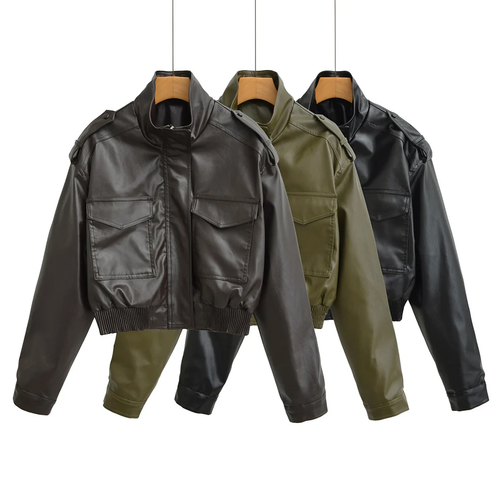 Cropped Dark Women Leather Jacket Short Classic Design Stand Collar Top Windproof Warm Coat Daily Commute Casual Outerwear