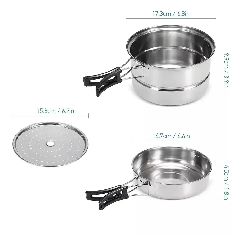 3PCS Stainless Steel Outdoor Pan Set Camping Cookware Portable Frying Pan Steaming Rack Pots Hiking Picnic Cooking Tableware