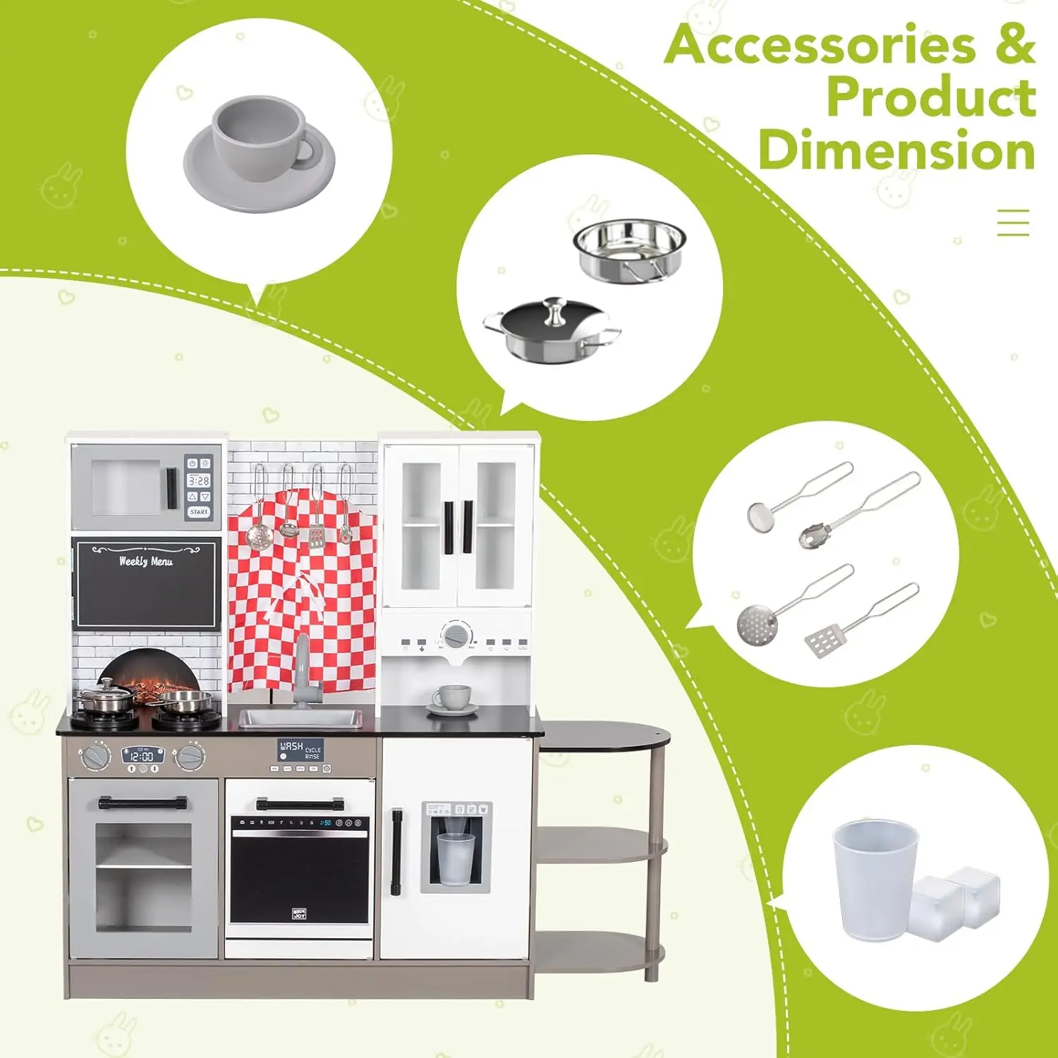 Kids Kitchen Playset, Wooden Toddler Kitchen Set w/Curtains, Coffee Maker, Storage Shelf, Stove,Sink, Utensils, Light & Sound, K