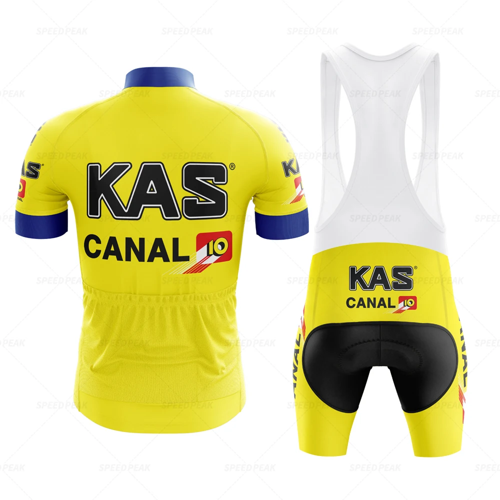 KAS Retro Cycling Jersey Set Yellow Classical Bicycle Suit Bike Men's Summer Blue Short Sleeve Men Bib Shorts Clothes Por Team