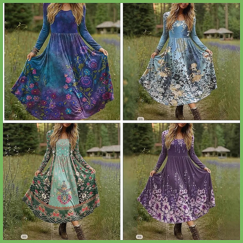 Boho Vintage Print Dress for Women 2025, V-Neck High Waist Loose Casual Long Dress