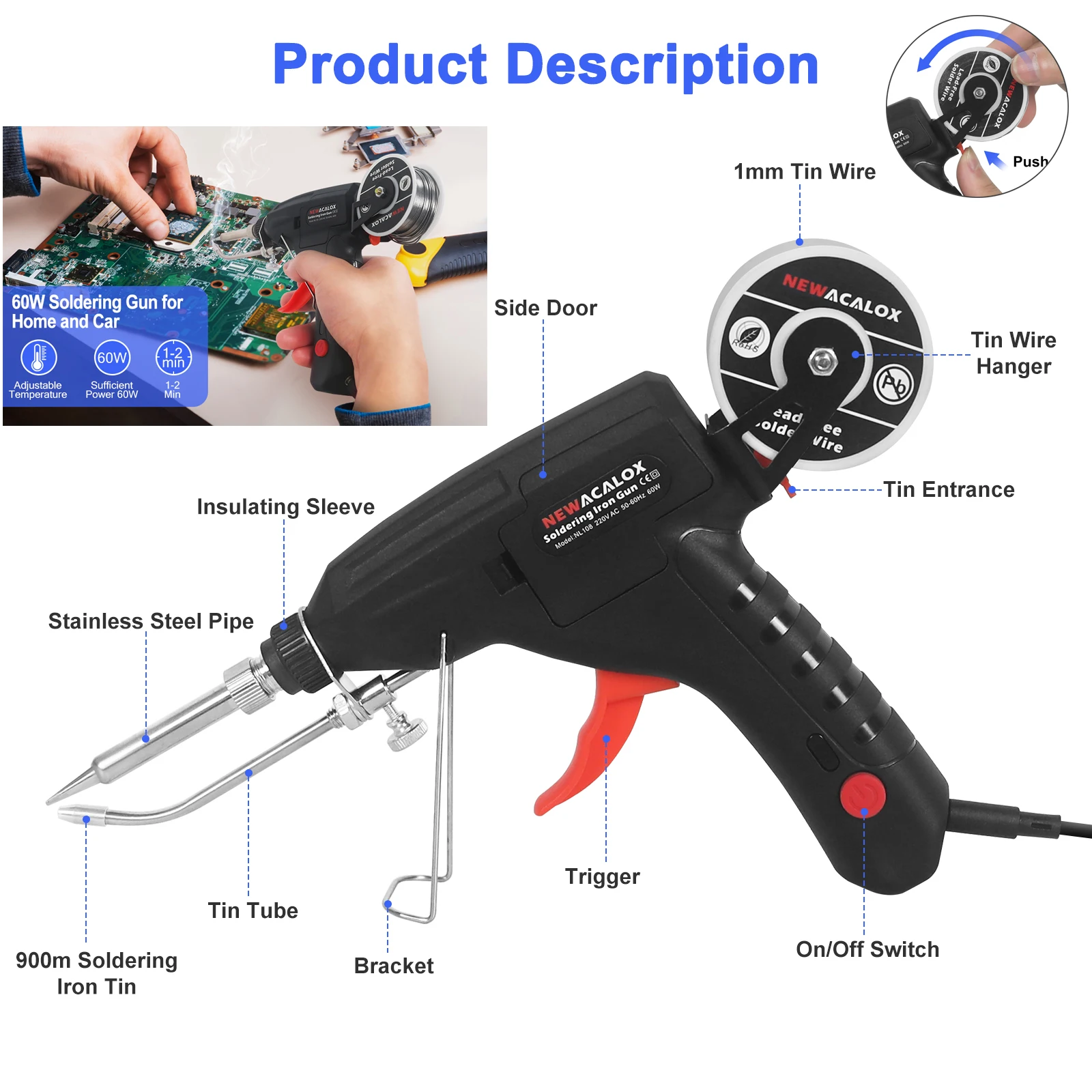 NEWACALOX 12V EU/US Plug 60W Electric Soldering Iron Soldering Gun 110~240V Automatically Send Tin Gun Welding Repair Tool