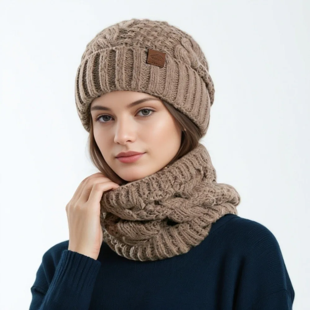 2Pcs/Set Casual Windproof Knitted Hat Scarf Set Thickened Cold-proof Beanies Cap Keep Warm Cycling Skiing Skullcap for Women
