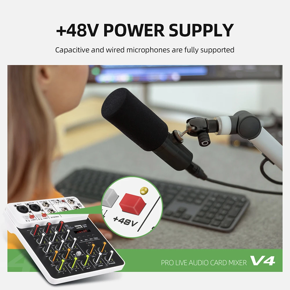 V4 4 Channels Audio Mixer With Bluetooth USB 48V Phantom Power Delay Repaeat Effect For Sound Mixing Console PC Recording