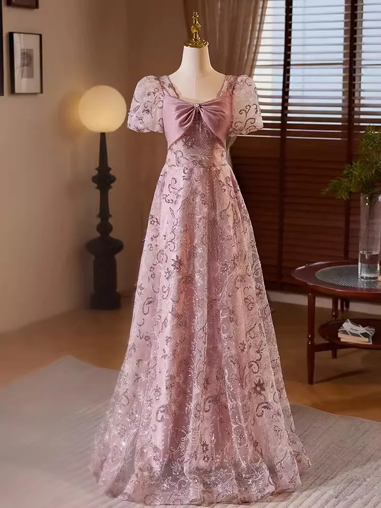 Vestidos de Noche de estilo Original personalizados para mujer, vestido cuadrado de manga corta con lazo, línea A, largo hasta el suelo, para graduación, boda, ocasión