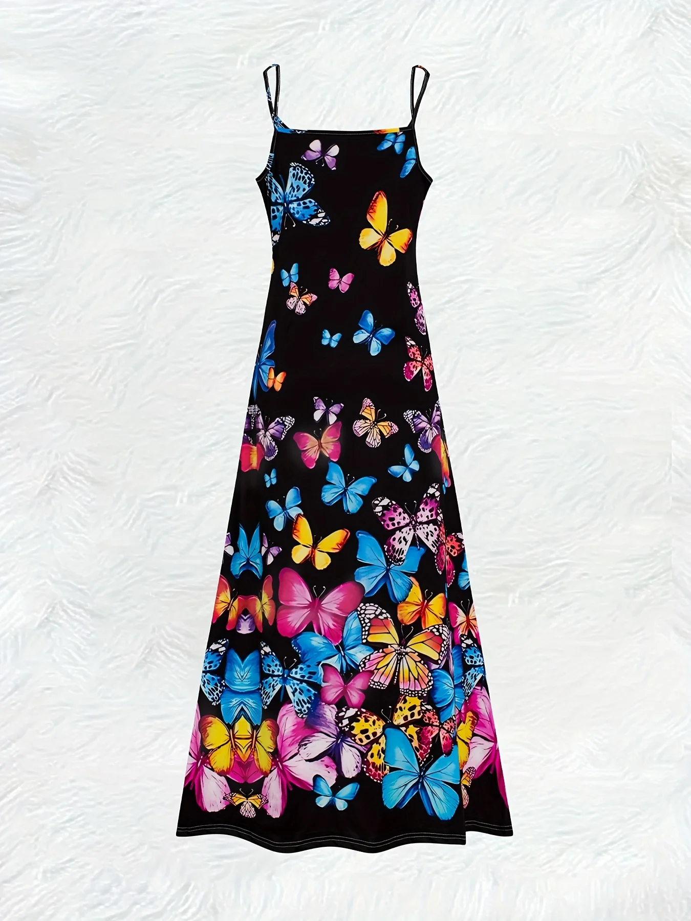 Printed Design Four Seasons casual style Colorful Butterflies On Black Background V-neck sling dress