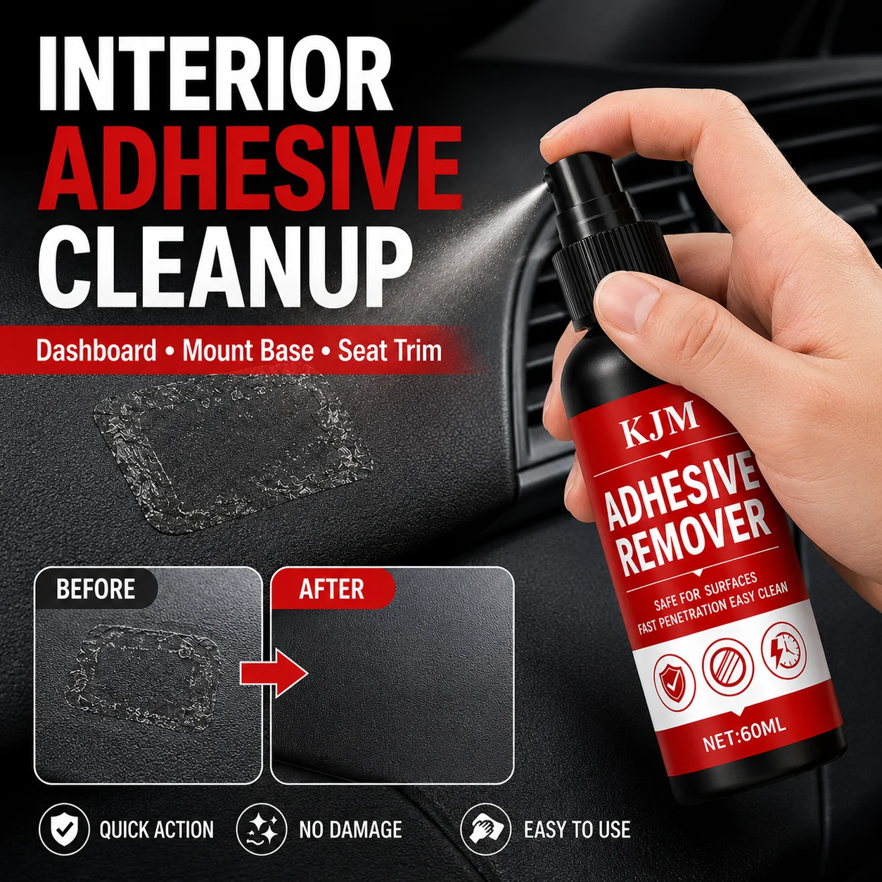 KJM Adhesive Remover Car Sticker Residue Cleaner For Paint Glass Interior Wheel Hub Fast Penetrating Auto Detailing Spray 60ML