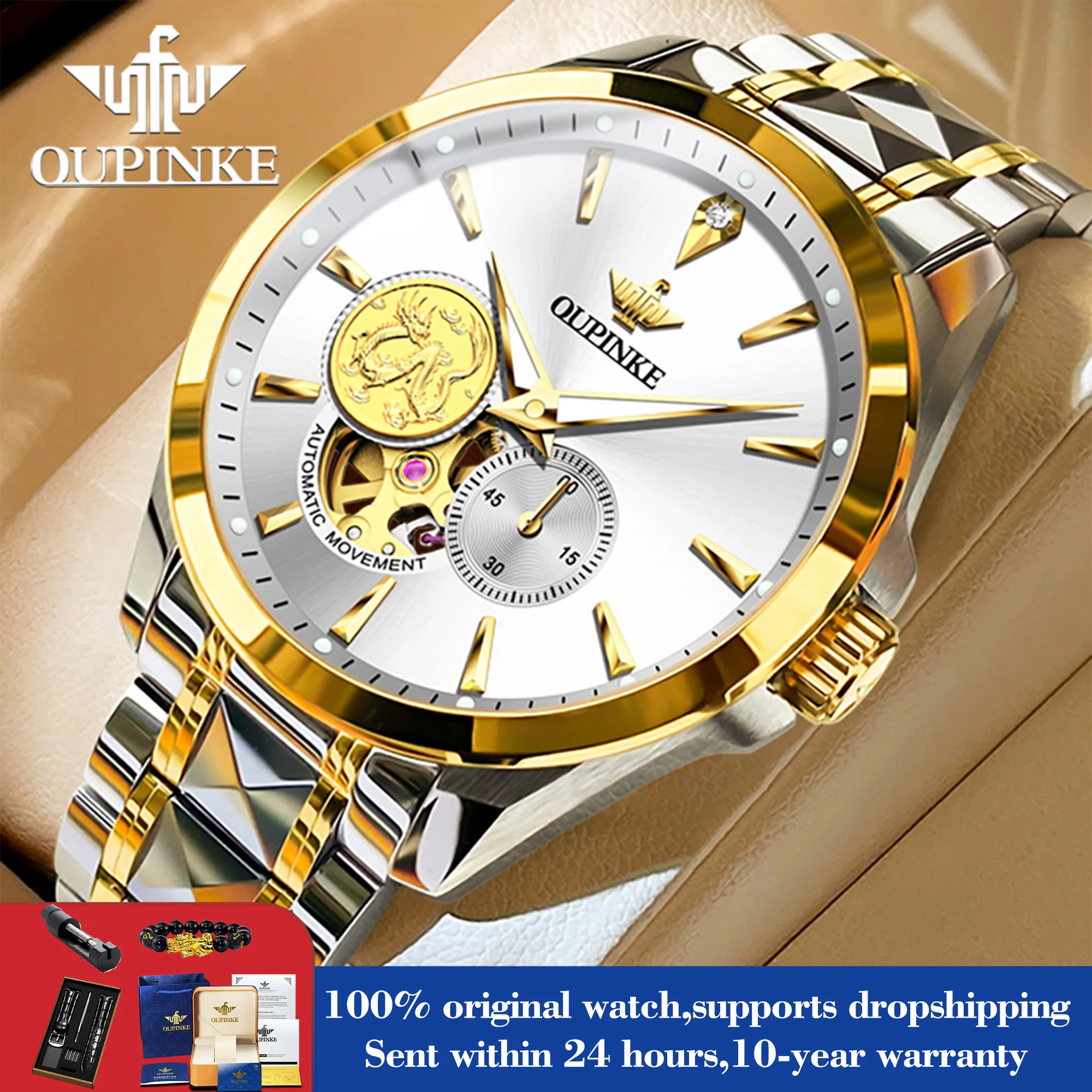 OUPINKE 3260 Real Diamond Luxury Mechanical Hand Clock Hollow Automatic Watch For Men Sapphire Mirror Waterproof Business Watch