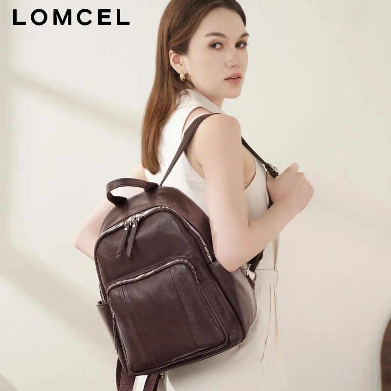 LOMCEL 128 Top-grain tanned cowhide women's double-shoulder bag for European and American fashion. Women's genuine leather bag
