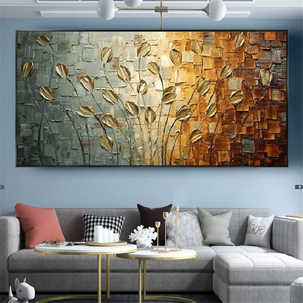 

100% Hand Made Large Palette Knife Oil Painting Gold Tulip Picture Living Room Wall Decorative Flower Canvas Texture Art Poster