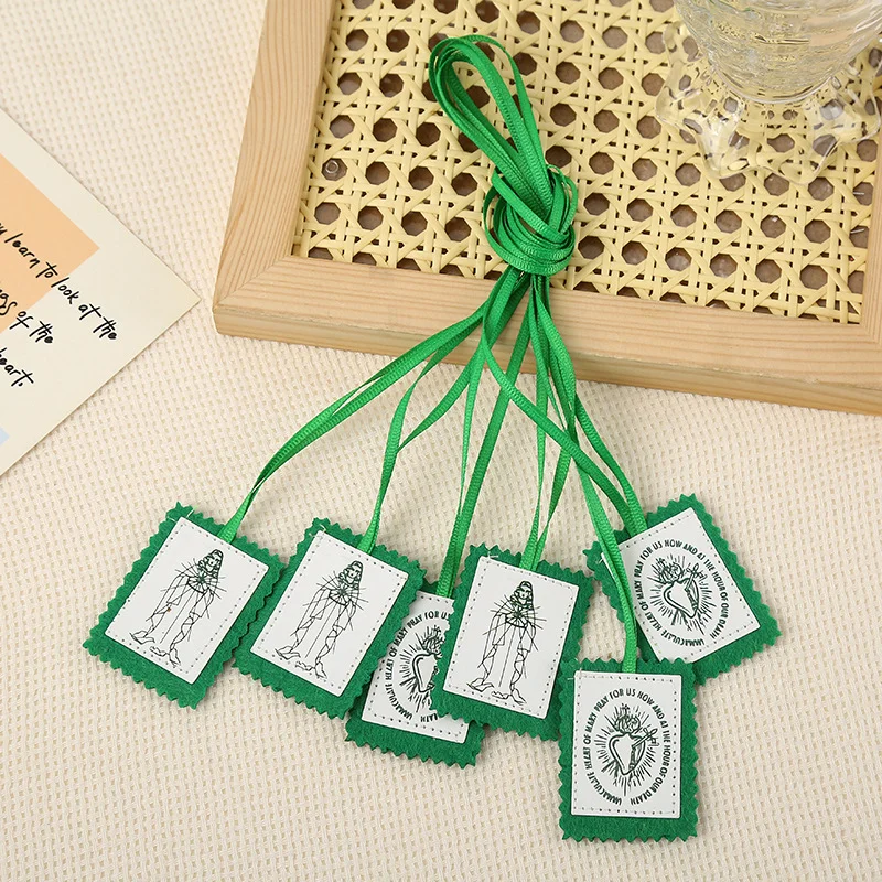 12Pcs Religious Green Scapular Immaculate Heart of Mary Catholic Felt Scapular Necklace Pendant, Christian Prayer Devotional Gif