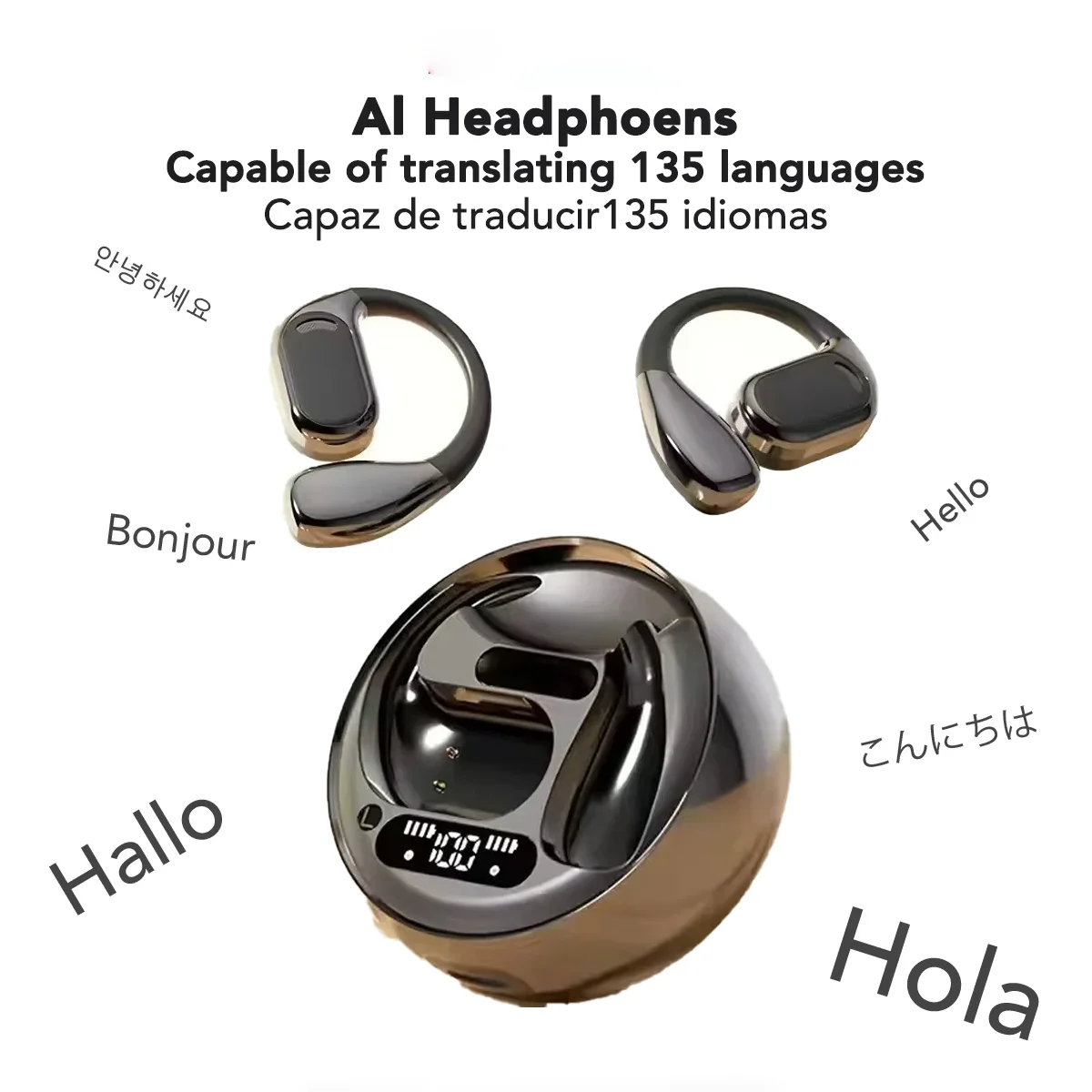 【Écouteurs Traducteurs IA】Écouteurs Bluetooth M76 avec 144 langues, affichage numérique LED, écouteurs sportifs sans fil avec micro