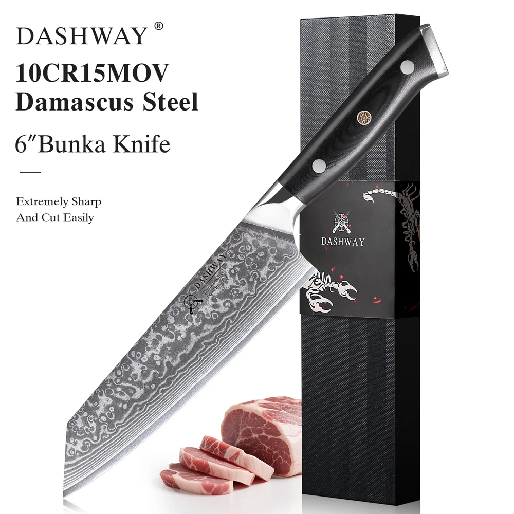 DASHWAY 6-inch Japanese Style Bunka Chef Knife Damascus Steel Slicer Meat Utility Fruit Professional Kitchen Kiritsuke Knives