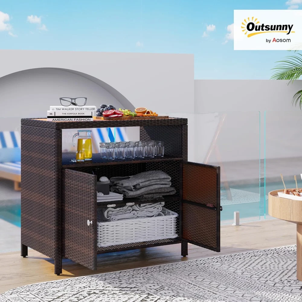 

Wicker Outdoor Storage Cabinet, Rattan Outdoor Bar Table with Acacia Wood Countertop, 2 Doors and Shelf, Buffet Cabinet