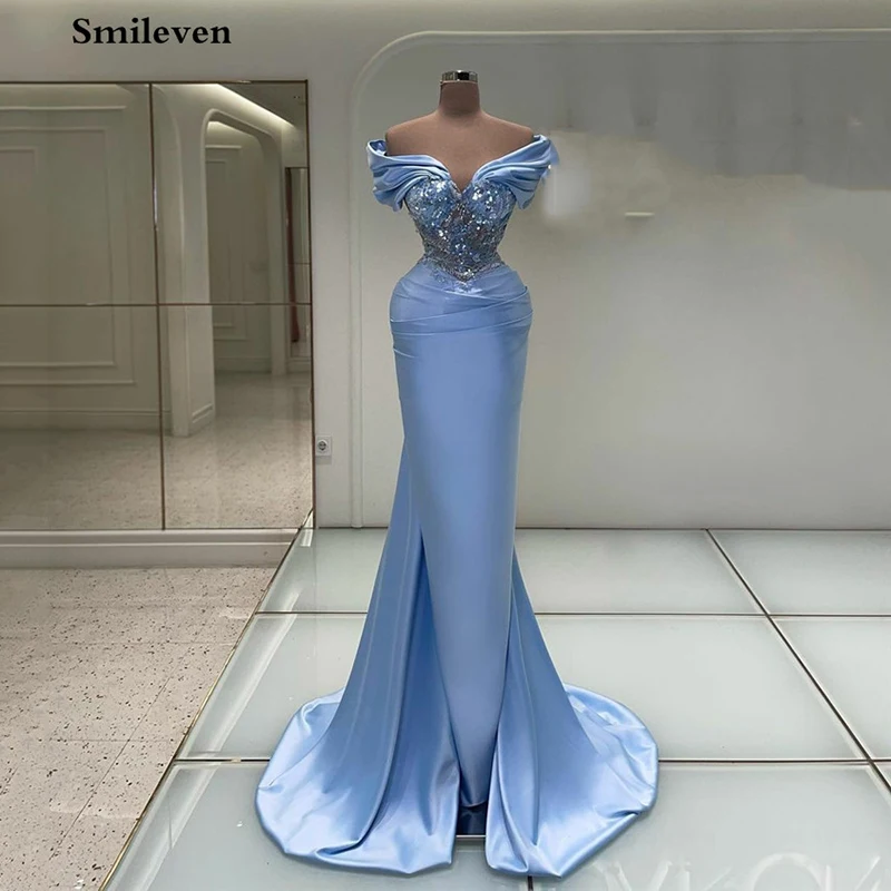 Smileven-Robe de Soirée Sirène Bleu Ciel à Paillettes, Tenue de Bal Personnalisée, Style Arabe Moderne, Fendue sur le Côté