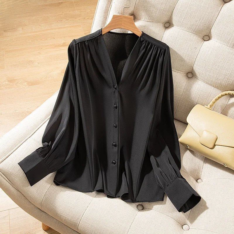 Imagem -06 - Camisa Elástica Dupla de Cetim Qiao Feminina Temperamento Preto Versátil Manga Comprida 93 Seda Amoreira Natural Clássico Elegante