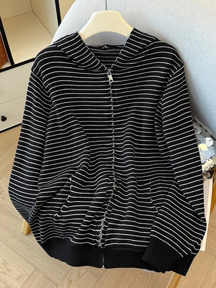 

Свободная универсальная полосатая толстовка с капюшоном для женщин, модные корейские повседневные топы на молнии, осеннее пальто с длинными рукавами для поездок на работу