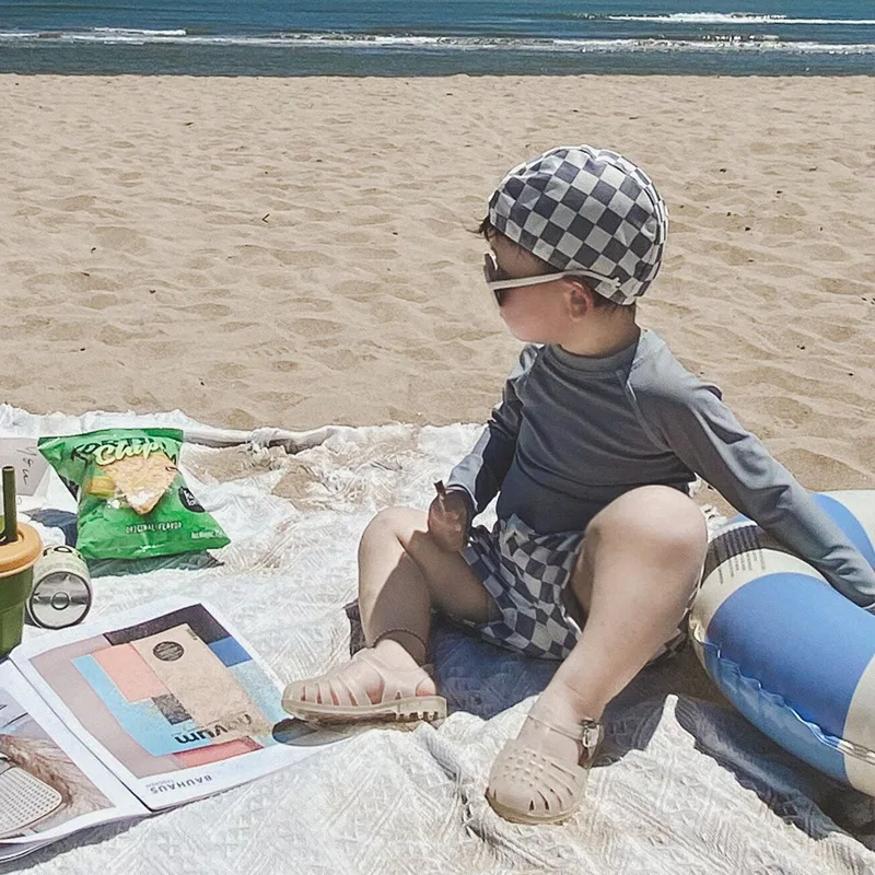 Conjunto de traje de baño de manga larga para niños, traje de baño de secado rápido, Top sólido y bañador a cuadros, traje de surf