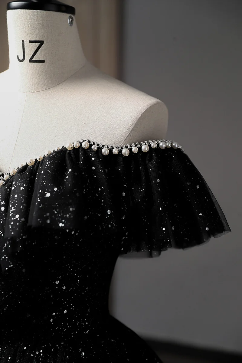 LZPOVE-vestido de quinceañera brillante de lujo, traje de baile negro, clásico, con hombros descubiertos, largo hasta el suelo, para baile de graduación