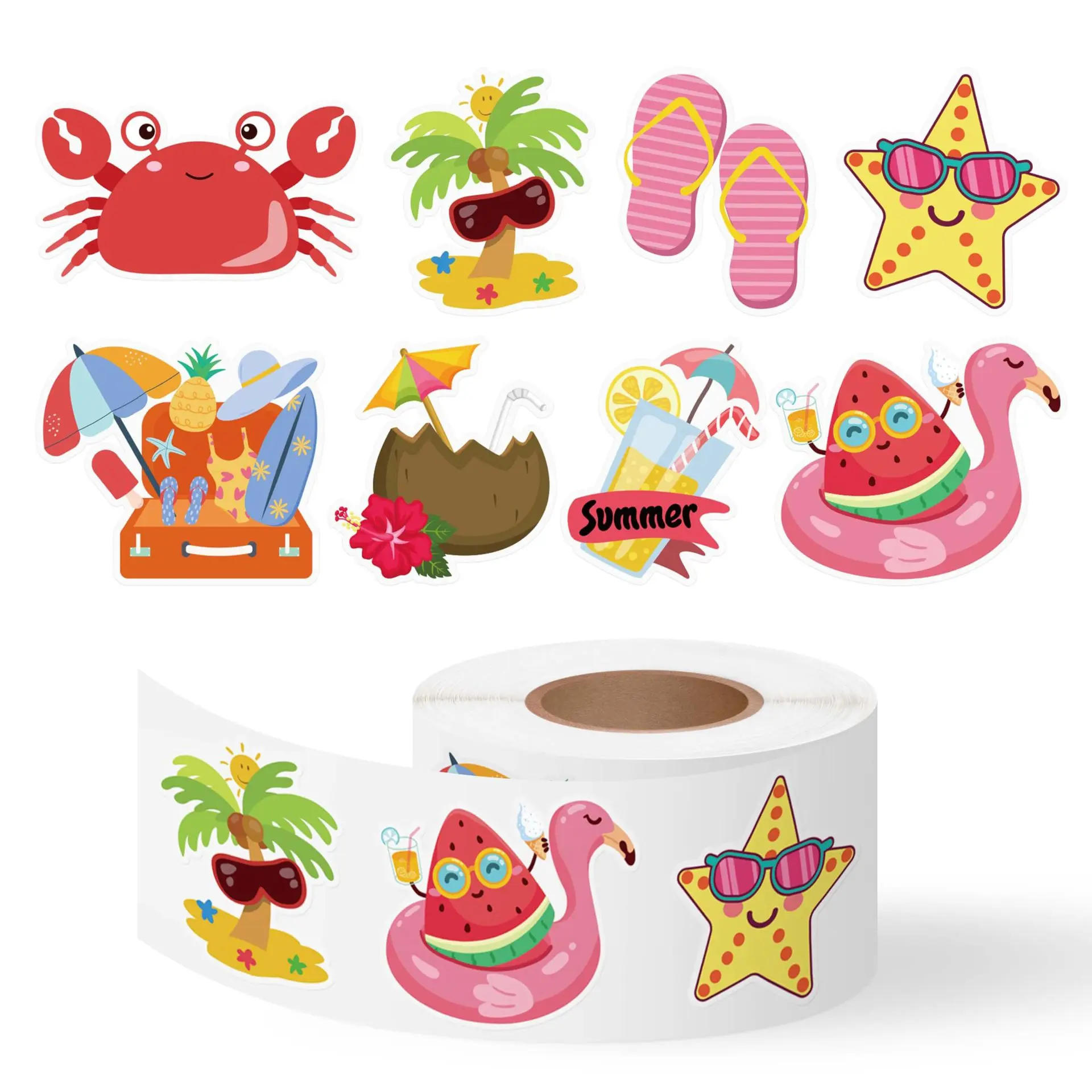 

500 Pcs Summer Stickers Roll Hawaii Tropical Beach Self Adhesive Labels Luau Party Favors Supplies Decor for Holiday DIY Crafts