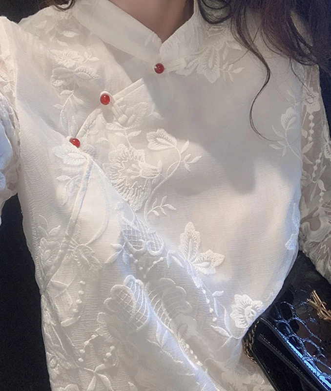 Qipao de encaje de estilo chino para mujer, ropa vintage, disfraz asiático elegante, bordado tradicional, camisa elegante, tops cheongsam, 2024