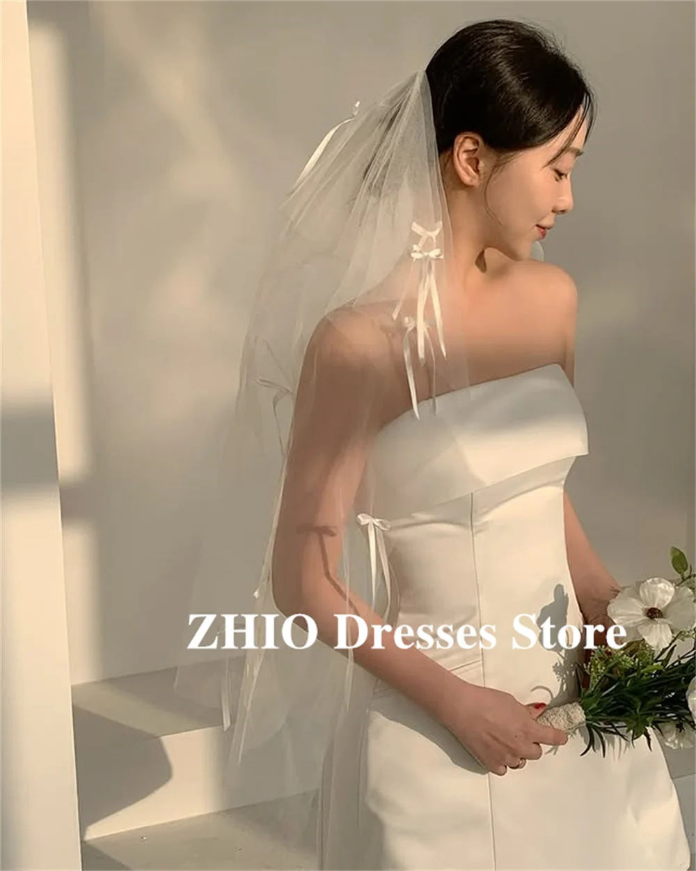 ZHIO Korte Satijn A-lijn Mini Korea Trouwjurken Fotoshoot Strapless Eenvoudige Bruidsjurken Rits/Korset Aangepaste Verjaardagsfeestje