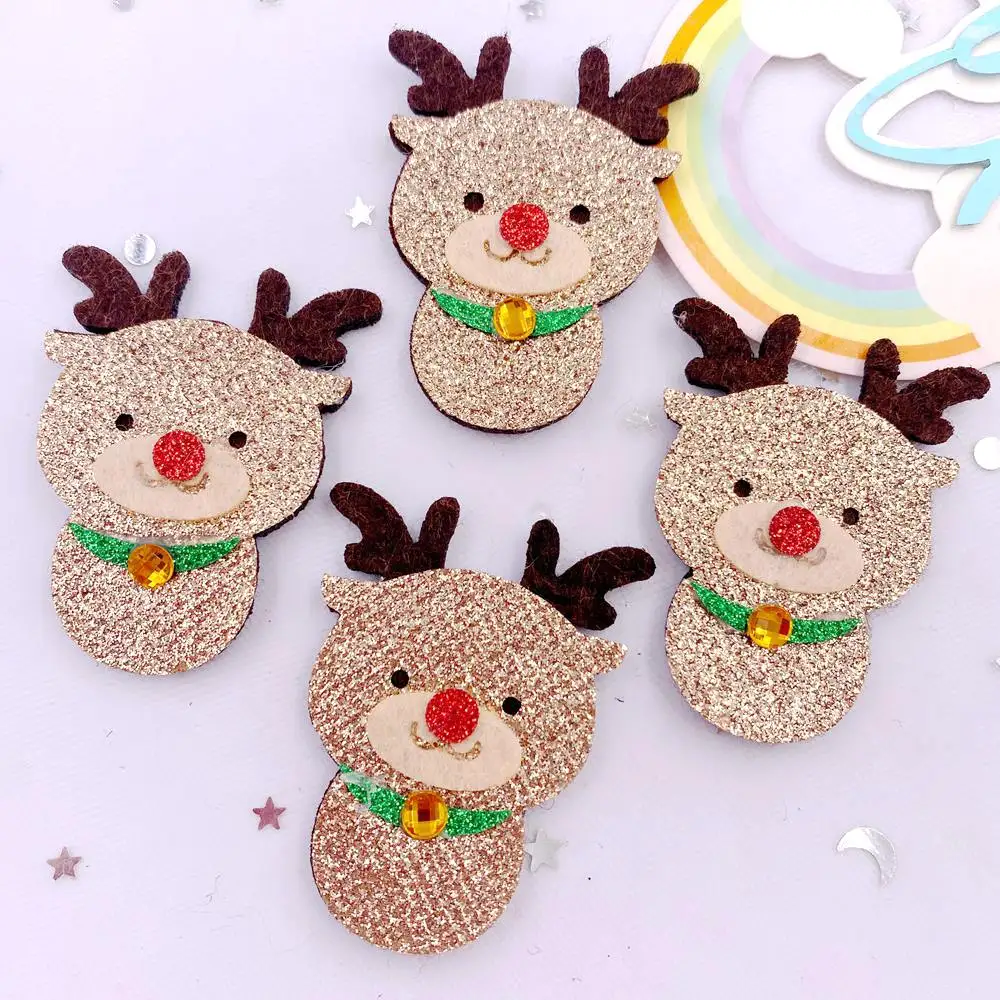 10pcs Felt Fabric Colorful Glitter Cartoon Christmas Deer Baby Patch Rhinestone Applique Sewing DIY Hair Bow Craft Supplie XE812