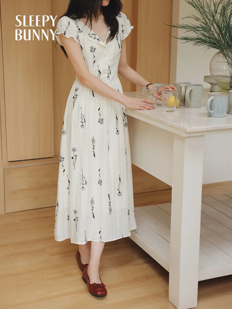 프랑스어 꽃 수 놓은 리넨 드레스 여성 여름 v 넥 짧은 소매 a 라인 맥시 드레스 경량 맞는 허리 드레스 데일리웨어