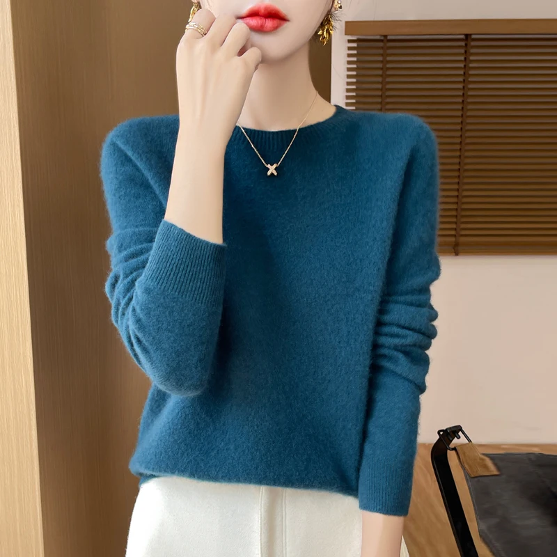 Fall/Winter 2024 New 100% Merino Wool Sweater Women\'s Round Neck Pullover Knitted Bottom Shirt Joker Loose Long Sleeve Knitwear