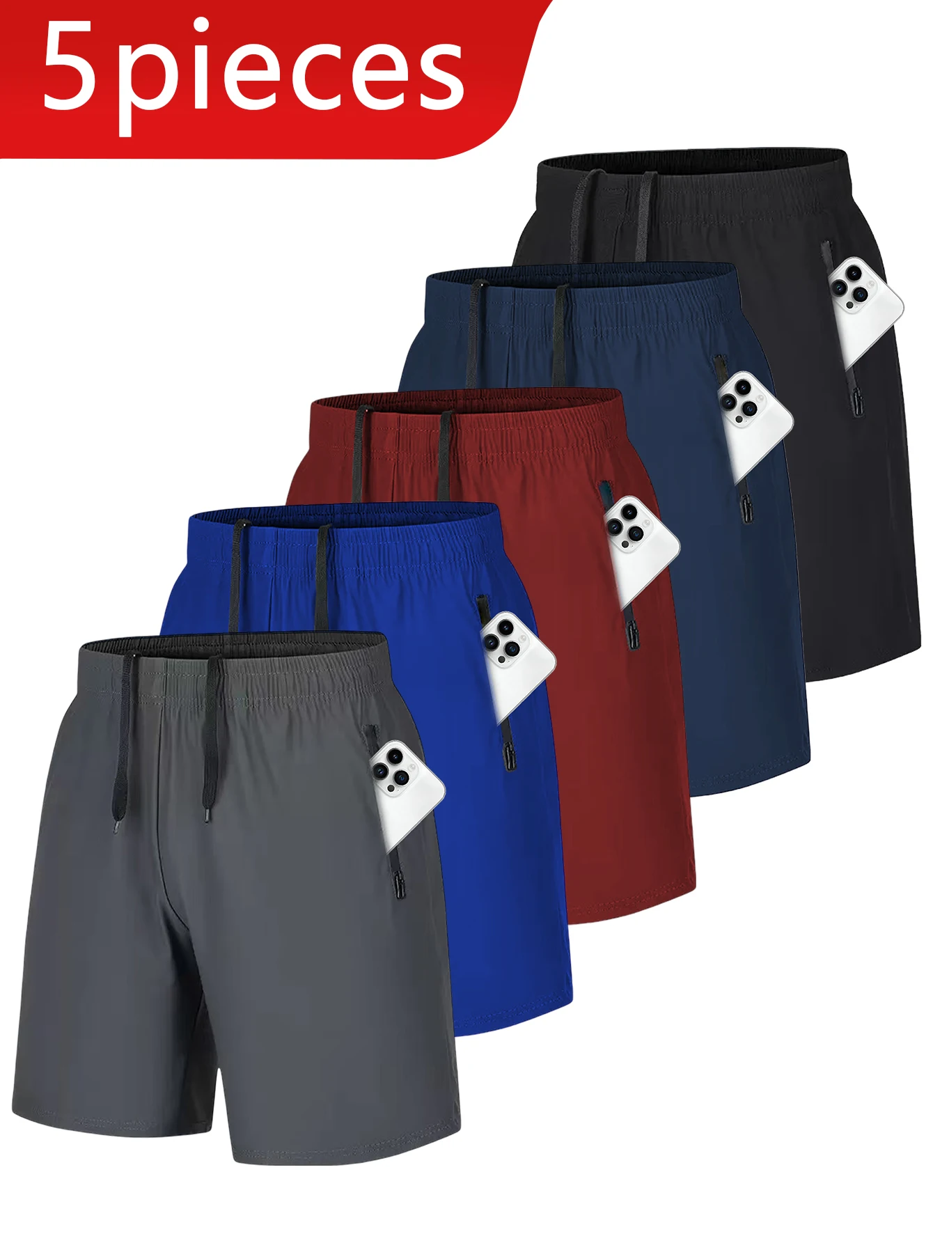 

5PCS Men's Solid Color Quick Drying Shorts, Daily Home Casual Elastic Waist Drawstring ShortsWith Pocket Zipper, Quick Drying Co