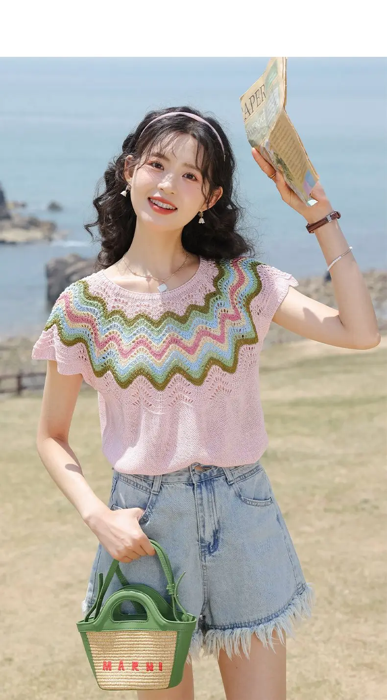 سترة فرنسية مجوفة حلوة للنساء مع بلوزة صغيرة رفيعة وفضفاضة