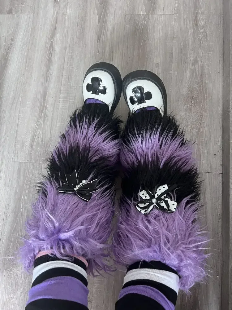 Contrast Color Gradient Furry Leg Warmers Japanese Harajuku Y2k Fur Women's Socks Fashion Kawaii Sweet Bow Boot Cuffs Aesthetic