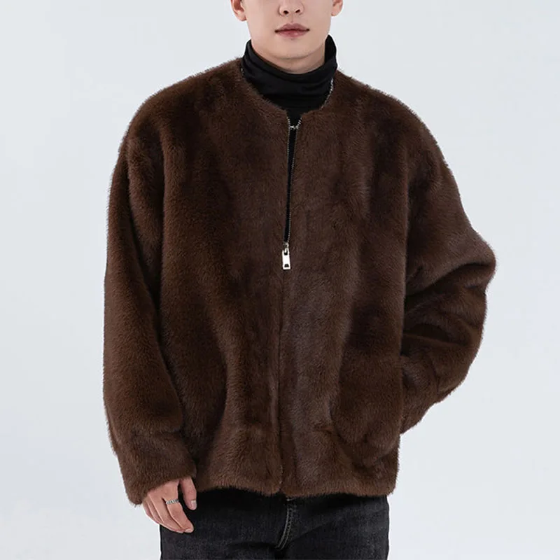 

Vintage Mink Overcoat Casual Long Sleeve Coats Loose Thicken Men Winter Solid Fashion Zipper Cardigans O-Neck Thermal Fur Jacket