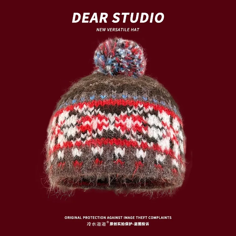 

Корейские жаккардовые милые вязаные шапки с помпонами для женщин, осенне-зимние повседневные теплые универсальные шапки в стиле ретро для мужчин