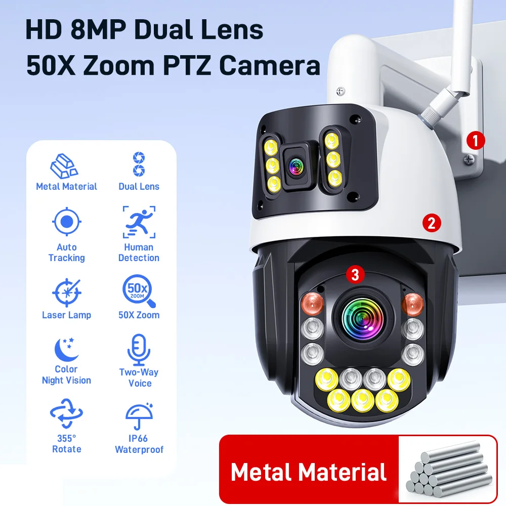 PEGATAH 4K WiFi Camera Dual Lens 50X Zoom Motion Detection Color Night Vision Smart Home IP Cam PTZ Surveillance Camera