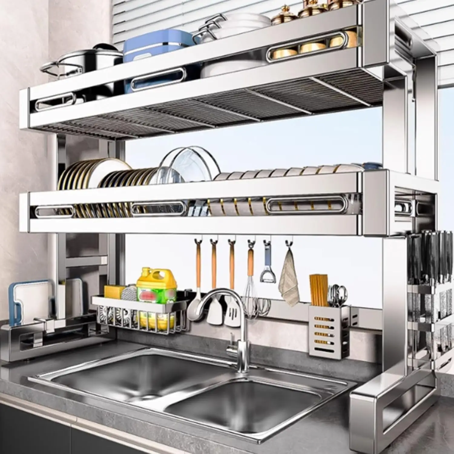 2-Tier Over The Sink Dish Drainer Drying Rack,Multifunctional 304 Stainless Steel Kitchen Countertop Organizer with Suction Cup