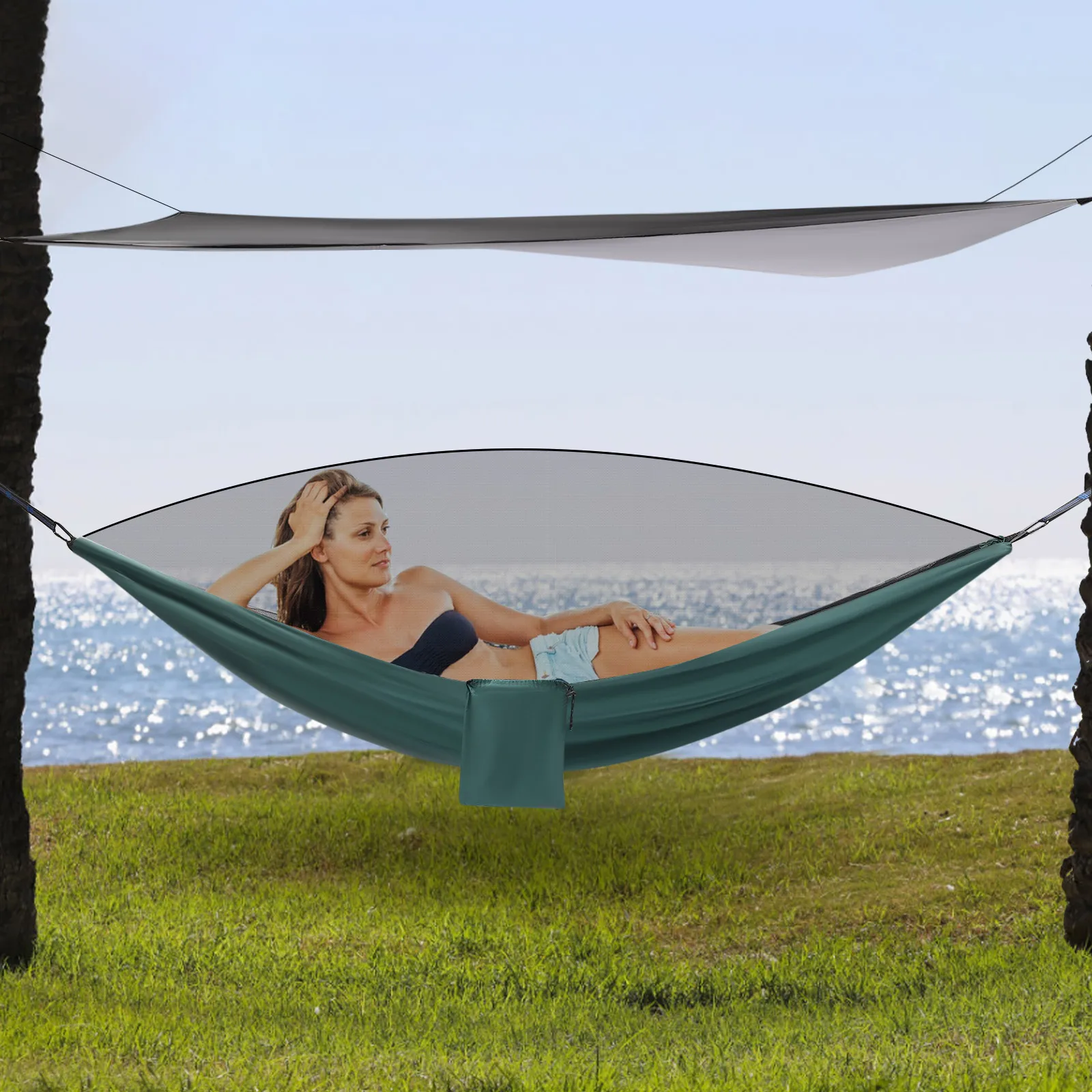 

Portable 2-in-1 Camping Hammock wit Mosquito Net- Reversible Waterproof Sunshade, 440LB Capacity, Lightweight for Backpacking