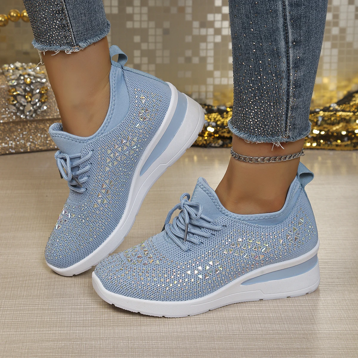 

Glitter rhinestone knit mesh wedge shoes for ladies, adjustable fabric laces, color matched wedge side panel，street lifestyle