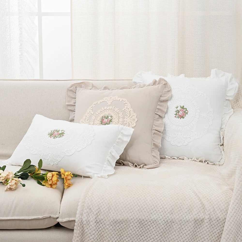 BUYNOW 1 Stück Blumen-Bestickter Spitzen-Kissenbezug Idyllischer Wohnzimmer-Sofa-Kissenbezug Heim-Schlafzimmer-Dekoration Cojines Para Sala – Detail 3