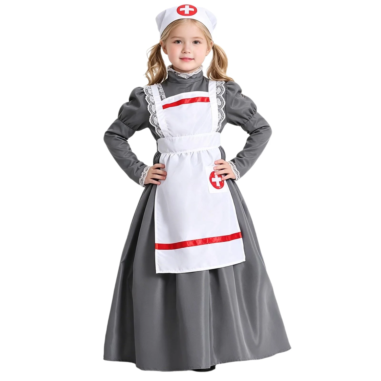 Kids Girls Nurse Maid Cosplay Costume Long Puff Sleeve Lace Trim Dress with Apron Headscarf Halloween Colonial Victoria Dress Up