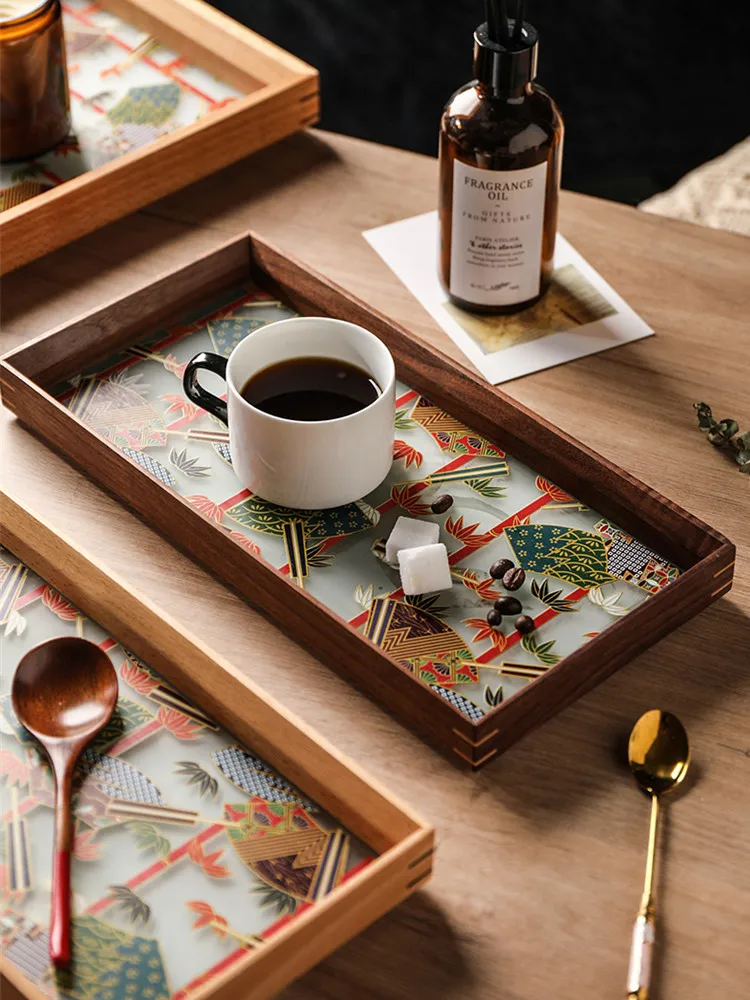 

Vintage Glass Black Walnut Beech Solid Wood Trays Decorative Organizer Table Storage Box Tray Serving Coffee Food Snacks Plate